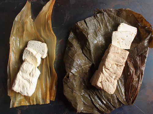 fukushima tofu in corn husk and lotus leaf