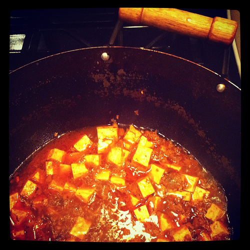 Asian Tofu: Mapo Dofu bubbling in wok