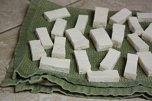 Little flat pieces of tofu lay nicely in the tortilla Little flat pieces of tofu lay nicely in the tortilla