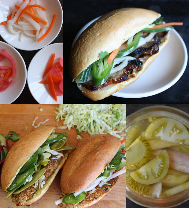 Daikon and carrot pickle, Chinese barbecue pork banh mi, fishwich banh mi, green tomato pickle