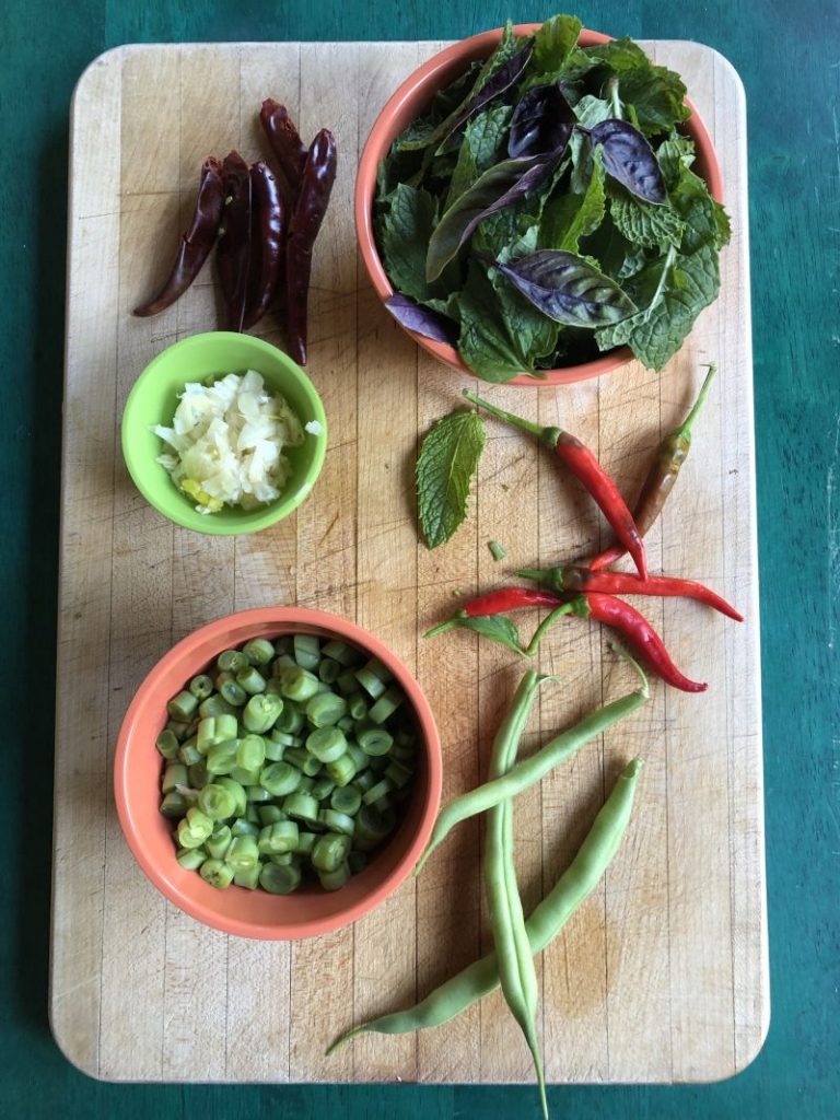 Aromatics, herbs and veggies for this spicy tofu and basil stir-fry.