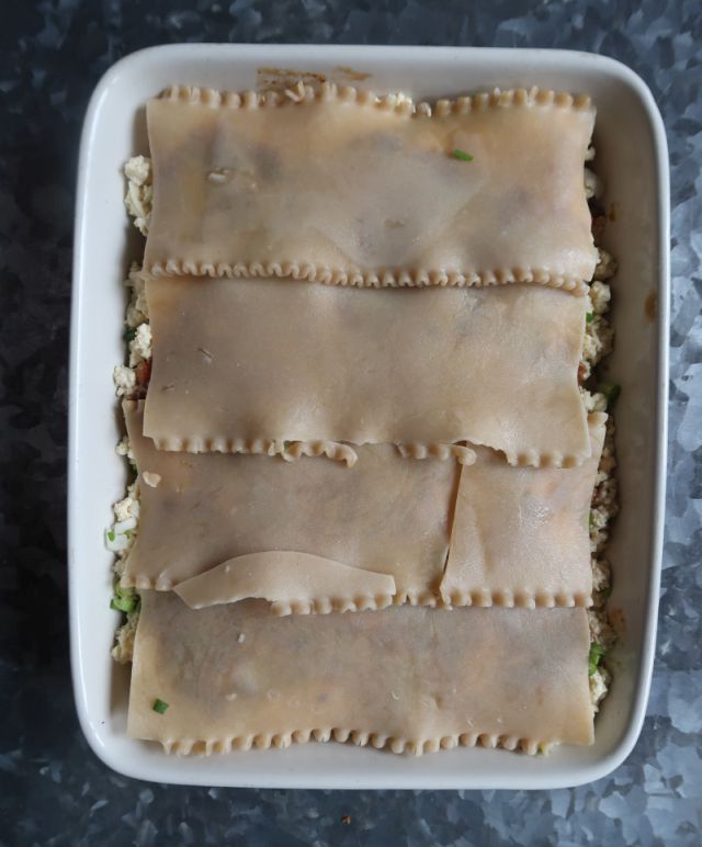 Mapo Tofu Lasagna assembly