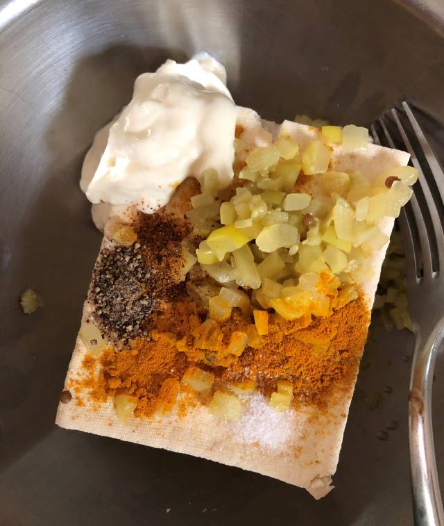 Umami tofu "egg" salad mise en place