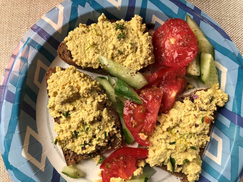 Umami tofu "egg" salad with garnishes