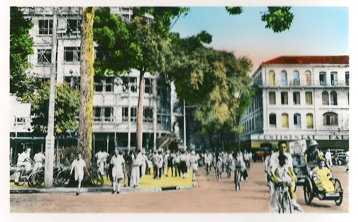 Historic postcard from Saigon of Continental Hotel and Givral bakery.